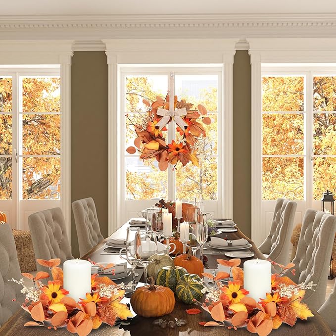 4 Pcs 3 Inch Fall Floral Wreaths Autumn Harvest Sunflowers Pumpkins Leaves Berries Hanging Candle Rings Wreath Mini Thanksgiving Table Centerpiece Wreath for Pillar Cabinets Farmhouse Decoration