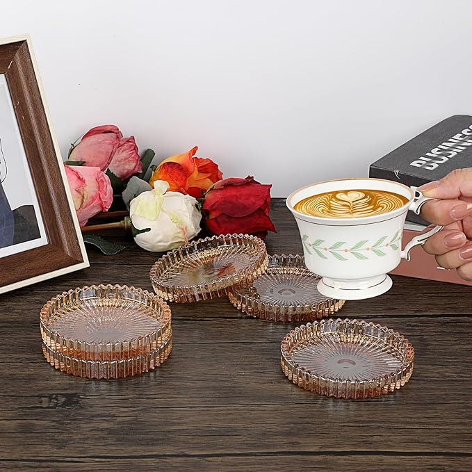 Modern Clear Coasters Set of 5- Glass Cute Coasters for Drinks Crystal Coaster Round Chic Cup Mat Cute Coffee Table Coaster for Kitchen, Bar, Dining Room, Living Room, Patio(Amber)