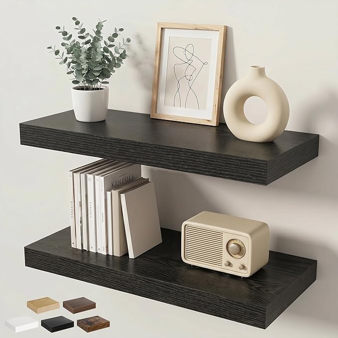 Floating Shelves for Wall 24 in x 9.3 in Deep, Wall Mounted Rustic Wood Shelf with Invisible Brackets for Storage & Display, Living Room Bedroom Bathroom, Black, 2 Pack
