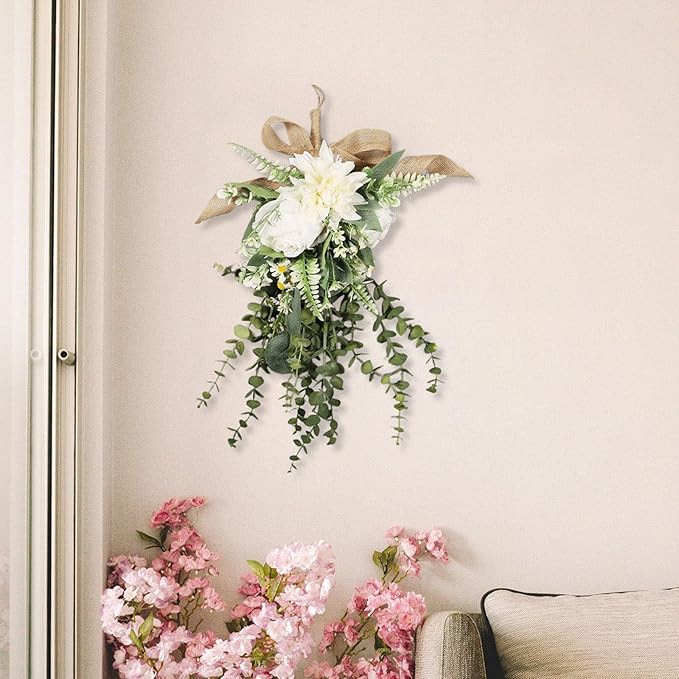 Qianly Artificial Floral Swag Garland Outdoor Indoor, Decorative, Flower Teardrop Wreath, Hanging for Office Holidays Festivals Wall, White