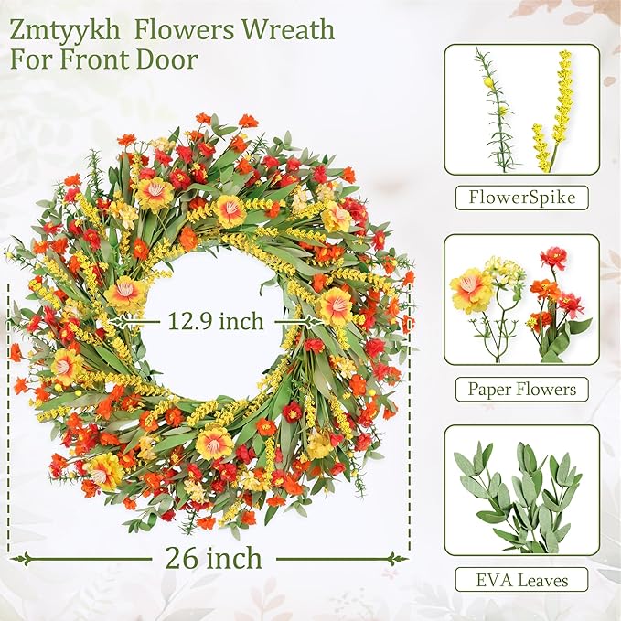 26" Floral Wreath, Artificial Spring Wreaths for Front Door, with Wildflower Portulaca Flowers, Indoor Outdoor Porch Window Wall Home Decor for Valentine’s Day Easter, Summer & Wedding Orange