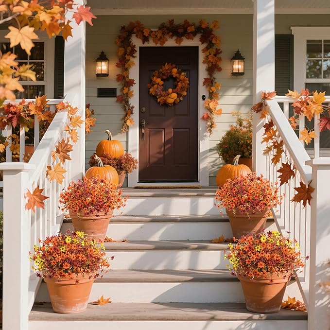 Artificial Mums Fake Fall Flowers for Outdoors Decoration, 12 Bundles Realistic Autumn Silk Daisy Faux Plants UV Resistant Decor for Home Garden Porch Patio Yard Balcony Window (Yellow Brown Orange)