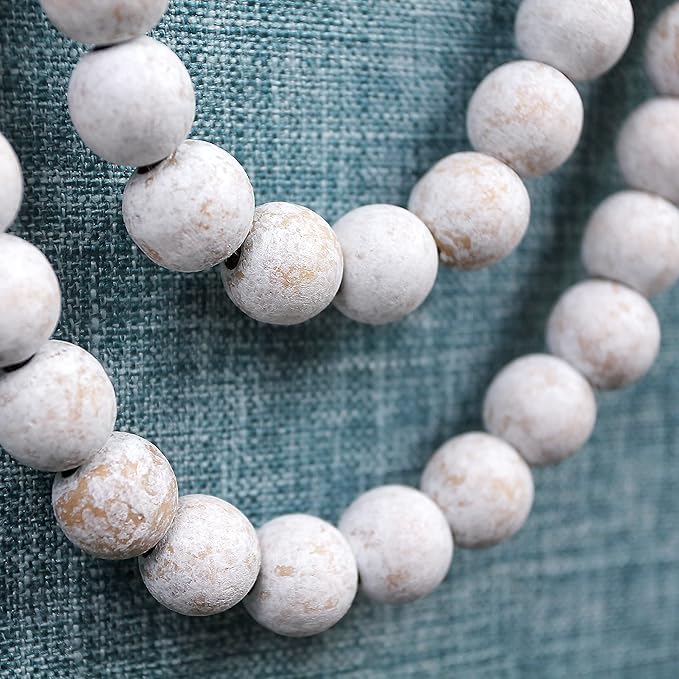 58in Wood Bead Garland with Tassels, Farmhouse Rustic Country Decor Prayer Boho Wall Hanging Decoration (Whitewash)