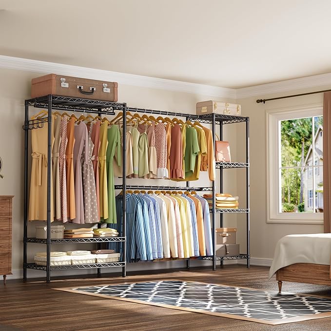 Heavy Duty Garment Rack Clothes Rack,Large Metal Closet Organizer System Storage Wardrobe,Freestanding Clothing Rack with 7 Adjustable Wire Shelves&3 Hang Rods,MaxLoad 1500lbs