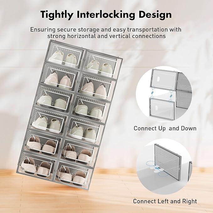 Shoe Storage Box, 15 Pack Clear Plastic Stackable Shoe Organizer for Closet, Interlocking Design Shoe Container Bins for Sneakers, Foldable Shoe Rack with Lids, Gray