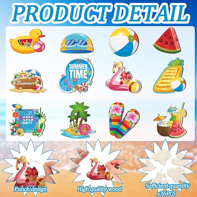 Sintuff 36 Pieces Summer Tree Ornaments Beach Wooden Hanging Ornaments Summer Tree Decorations Hawaiian Pendant Watermelon Flamingo Decorations for Luau Seaside Party Supplies