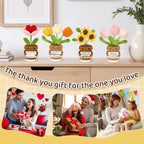 4 Pcs Thank You Gifts for Women, Positive Crochet Sunflower Tulip Heart Potted Plant Flower Dolls with Card Wooden Stands and Box, Teacher Employee Appreciation Gifts, Mothers Day, Birthday Gift