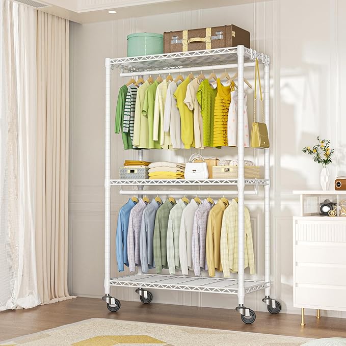 FUTASSI P3 Rolling Clothes Rack, Clothing Racks for Hanging Clothes, Heavy Duty Garment Rack with Wheels, Freestanding Portable Closet Organizer 39.4''W x 14''D x 78.5''H, Max Load 464 LBS, White
