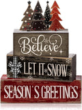 Moucuny 4 Pcs Christmas Table Decor Christmas Tree Centerpiece Rustic Decorative Tree Block Signs Gift Winter Tiered Tray Decor Farmhouse Winter Tabletop Decoration for Home Xmas Party Kitchen Shelf