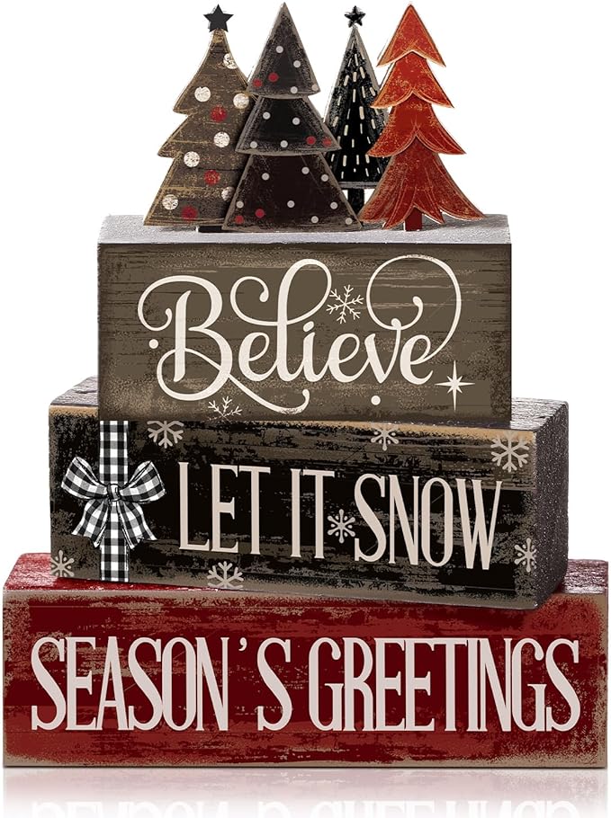 Moucuny 4 Pcs Christmas Table Decor Christmas Tree Centerpiece Rustic Decorative Tree Block Signs Gift Winter Tiered Tray Decor Farmhouse Winter Tabletop Decoration for Home Xmas Party Kitchen Shelf
