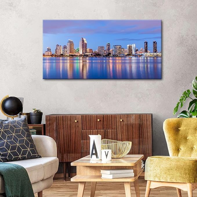 San Diego City Wall Art USA Cityscape Wall Decor Sunset San Diego Skyline Canvas Prints Picture California Night View Painting Poster Modern Artwork for Bedroom Living Room Home Decorations 24x48”