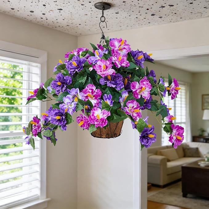 Artificial Flowers for Outdoors Indoors,3 Bunches Fake Hibiscus with Hanging Basket Realistic UV Resistant Silk Flower Leaves,Faux Plant for Outside Home Patio Garden Poch(Purple,Fuchsia)