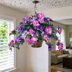 Artificial Flowers for Outdoors Indoors,3 Bunches Fake Hibiscus with Hanging Basket Realistic UV Resistant Silk Flower Leaves,Faux Plant for Outside Home Patio Garden Poch(Purple,Fuchsia)