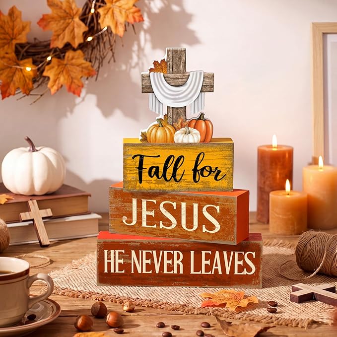 Lineshading 4 Pcs Fall Decoration for Home Rustic Fall Religious Wooden Stacked Sign Decor - Cross & Pumpkin Themed Table Decoration with Faith Quotes Thanksgiving Tiered Tray Decor for Office Church
