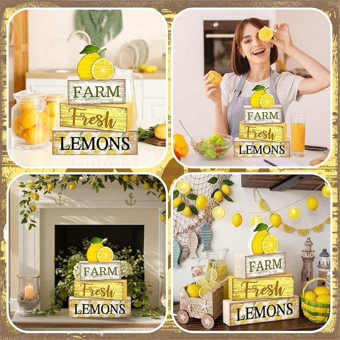 Moucuny 4 Pcs Summer Lemon Decor Summer Table Decorations Farm Fresh Lemons Wooden Stacked Block Decor Rustic Summertime Tiered Tray Decoration Fruits Centerpiece for Home Kitchen Dining Room Mantel