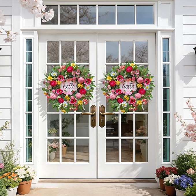 Spring Summer Wreaths for Front Door 24 Inch with Cherry Blossom,Pink Roses & Hello Sign,Summer Door Wreath for Entryway,Porch & Home Décor Indoor Outdoor