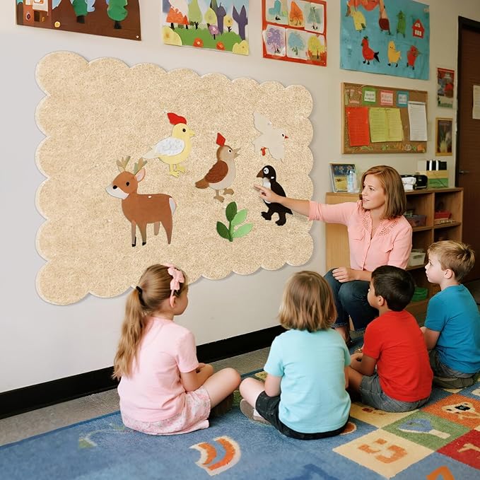 Lightomorrow Scalloped Bulletin Board, 48 x 36 Inches Felt Pin Board - Decorative Cork Alternative for Wall, Foldable Picture Self-Adhesive Vision Prayer Board with 20 Pushpins - Beige Brown