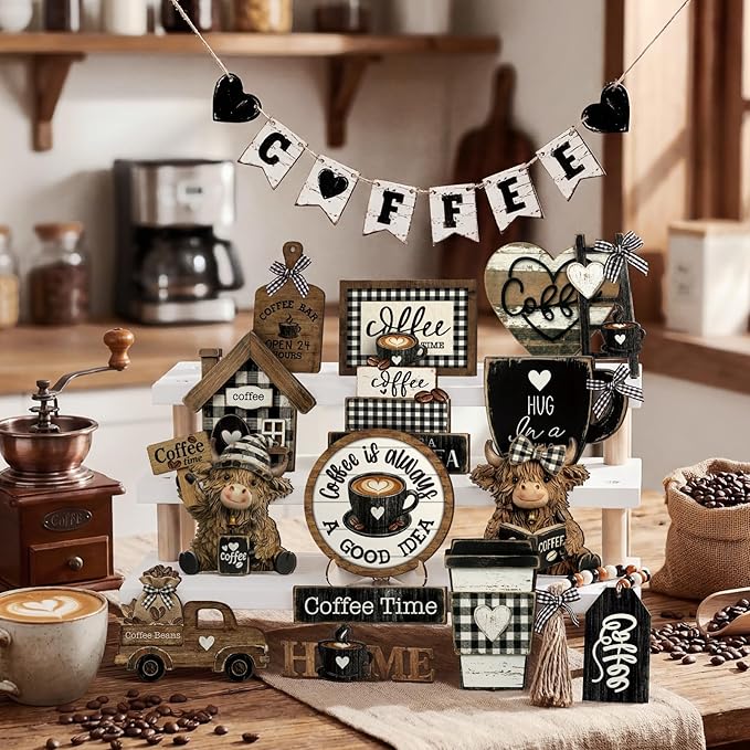 Mifoci 23 Pcs Coffee Tiered Tray Decorations Highland Cow Wooden Farmhouse Coffee Bar Accessories Signs Mugs & Rustic Highland Cow for Kitchen Table Centerpiece