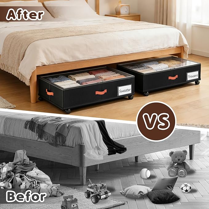 Under Bed Storage with Wheels 2-Pack, Under Bed Storage Containers 66L Clear Lids, Rolling Storage Drawers for Clothes Shoes Blankets, Underbed Organizer Bins(32" L x 17.3" W x 7.2" H)
