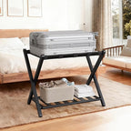 26.77"L Luggage Rack, Black Luggage Rack for Guest Room, Bamboo Folding Suitcase Stand with Storage Shelf, 5 Nylon Straps, Heavy Duty Luggage Holder for Bedroom Hotel, 1 Pack, Gift Box Packaging