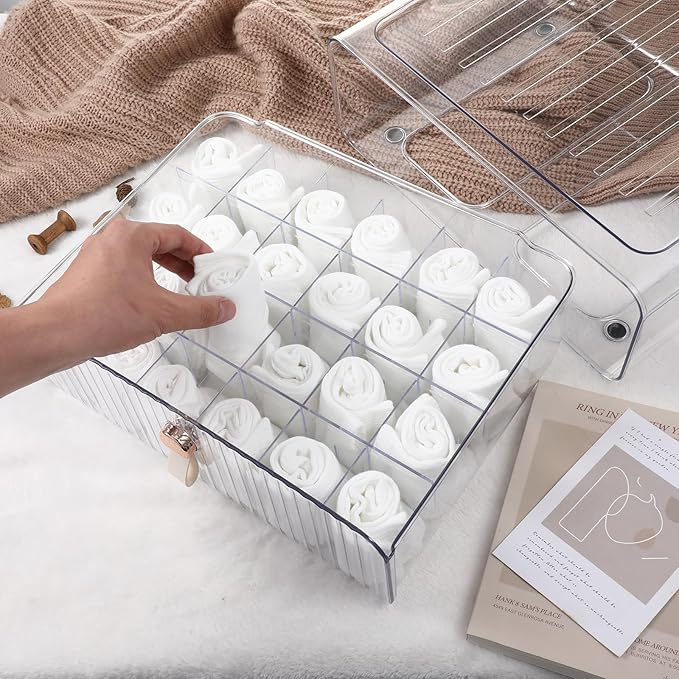 24 Cell Plastic Sock Organizer Underwear Drawer Organizer Acrylic Stackable Storage Drawer Underwear Storage Box with Dividers for Panties Closet Bra Baby Clothes Belts Ties Scarf