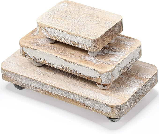 Maitys 3 Pcs Wooden Risers for Display Pedestal Stand Wooden for Decor Farmhouse Vintage Rustic Stackable Kitchen Stand Tray Riser, 3 Sizes(8 x 4.3, 6 x 3.5, 4 x 2.8 in,White)