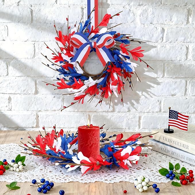 4 PCS Mini 4th of July Patriotic Kitchen Cabinet Wreaths Small Red White and Blue Floral Swag Wreath for Front Door with Forsythia Flowers Independence Day Hanging Wreaths for Memorial Day Porch Wall