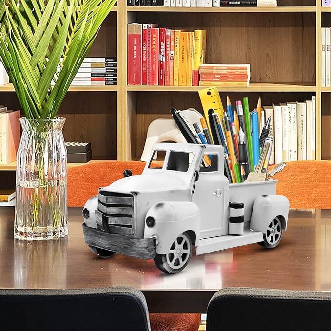 Sunflower Metal Truck with Artificial Flower Vintage Farm Pickup Farmhouse Tabletop Tiered Tray Decor, Rustic Farmhouse Decor for Table Top Decor Home Kitchen(White)