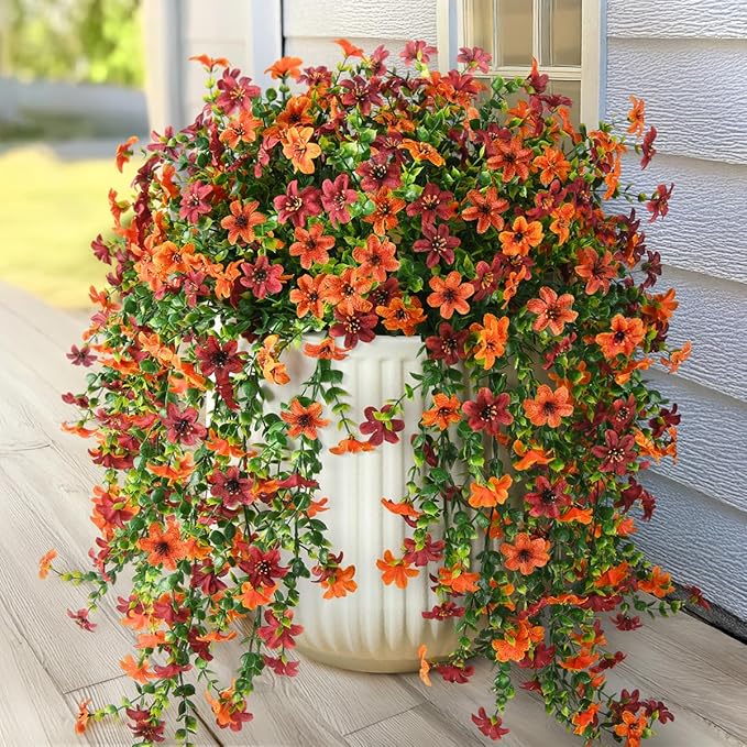 Artificial Fall Fake Flowers for Outdoor Fall Decoration,2 Pcs Faux Hanging Flowers Outdoor Fall Decor,UV Resistant Look Real Faux Mums Silk Flower for Outside Home Porch Patio Yard Balcony Planter
