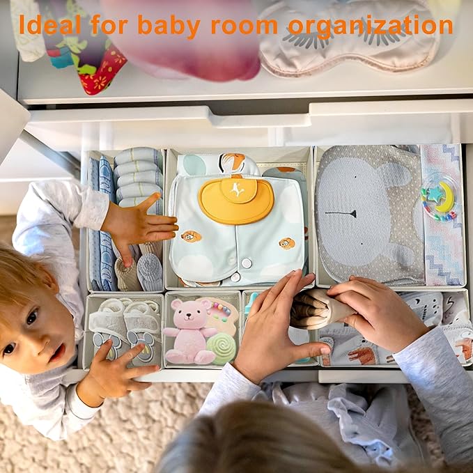 Fabric Drawer Organizer Bins for Nursery – 12 Pack Clothe Drawer Dividers for Baby Dresser, Grey Heart Pattern Storage Boxes for Clothes, Diapers & Accessories