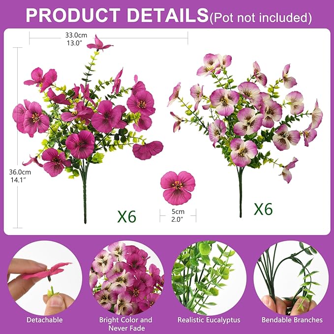 Artificial Fake Pansy Flowers for Outdoor, 12 Pcs Faux Silk Pansies Flower for Spring Summer Decoration, UV Resistant Fake Plants for Outside Planter Porch Yard Patio Home Decor(Gradient Double Pink)