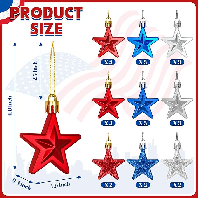 48PCS Fourth of July Decorations for Tree, America Star Ornaments, Pre-Assembled Patriotic Star Ornaments, Red Silver and Blue 250 Anniversary USA Merchandise for Independence Day Memorial Day Decor