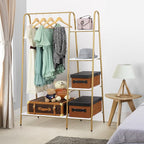 Finnhomy Clothes Rack, Clothing Rack for Hanging Clothes Heavy Duty Garment Rack with 5 Wood Shelves Freestanding Portable Closet Organizer for Bedroom/Entryway/Boutiques，Gold