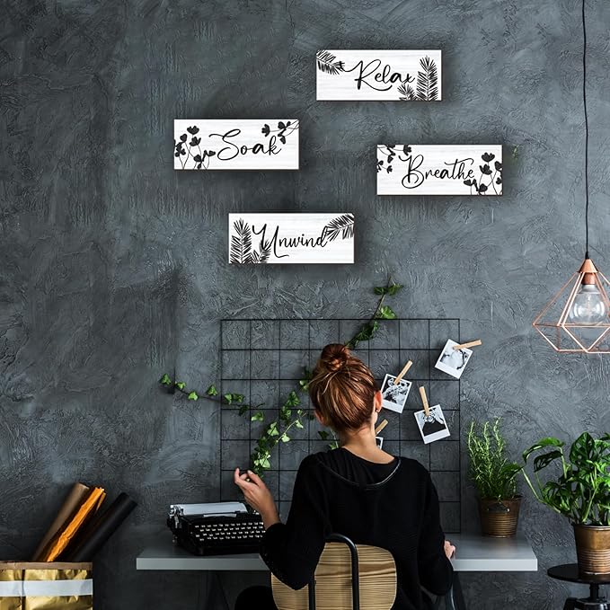 4 Pcs Farmhouse Bathroom Wall Decors Relax Soak Unwind Breathe Wooden Word Sign Black Hanging Wall Art Rustic Office Wall Decor for Bedroom Living Room Vintage Decorations(Black Leaves 10X4 Inch)
