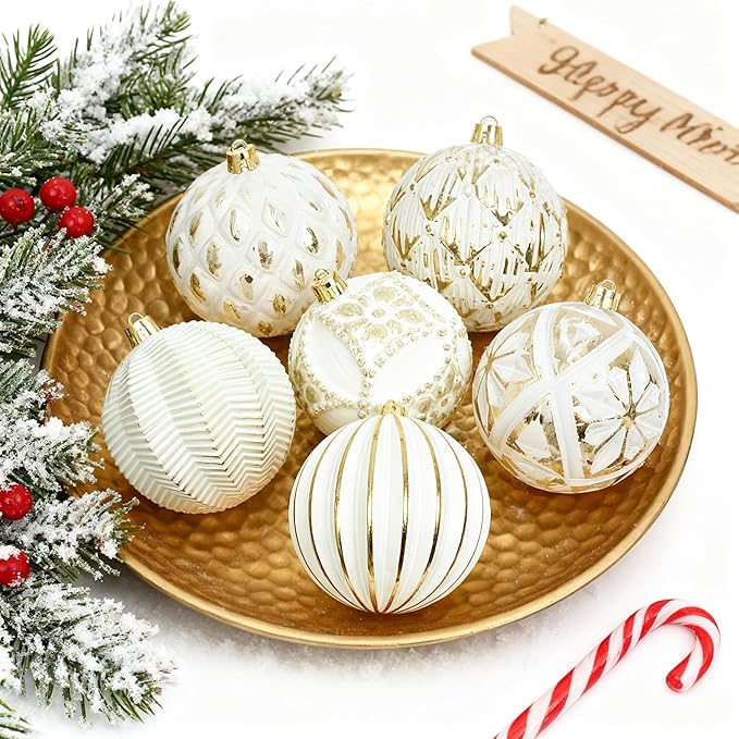 XmasExp Vintage Rustic Christmas Ball Ornaments Sets, Neutral Shatterproof Christmas Ornaments Farmhouse Christmas Tree Decorations Large Hanging Ball for Xmas Home Party （White Gold, 6Pcs