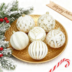 XmasExp Vintage Rustic Christmas Ball Ornaments Sets, Neutral Shatterproof Christmas Ornaments Farmhouse Christmas Tree Decorations Large Hanging Ball for Xmas Home Party （White Gold, 6Pcs