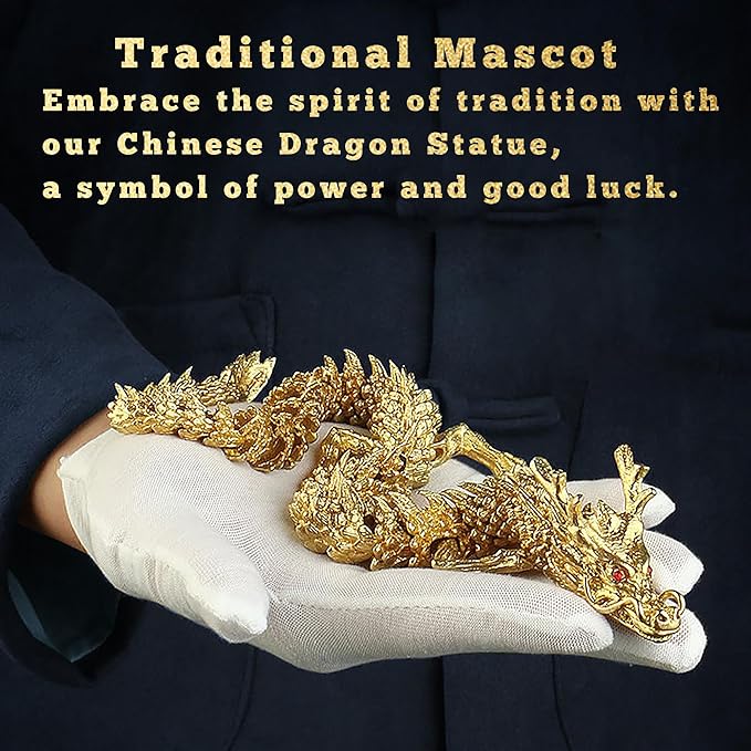 LIYAOLI Golden Dragon 3D Articulated Dragon 2024 Chinese Dragon Statue Metal Gold Dragon 15 Inch Luck Dragon for Home Office Desk Decoration