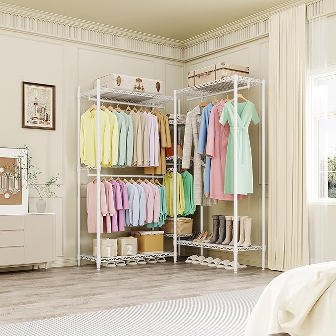 Heavy Duty Garment Rack L Shaped Clothes Rack for Corner,Load 1631LBS,Freestanding Portable Wardrobe Closet Clothing Rack with 7 Adjustable Shelves, 4 Hanging Rods,70.5"H x 85.4"L x 17.4"W