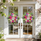 Spring Wreaths for Front Door- 24Inch Summer Wreaths with DIY Wooden Home Sign, Artificial Hydrangea, Peony, Tulip & Gerbera Flowers, Spring and Summer Door Wreaths for Indoor Outdoor Decor