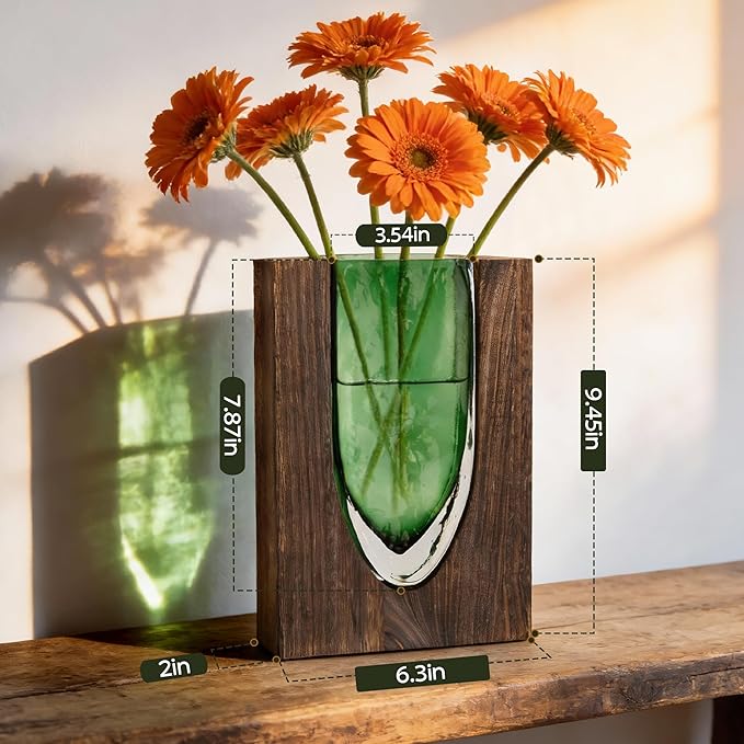 Wood and Glass Inlay Vases Farmhouse Wooden Glass Flower Vase Solid Wood Glass Vase Home Decor Vases for Centerpiece (9.37)
