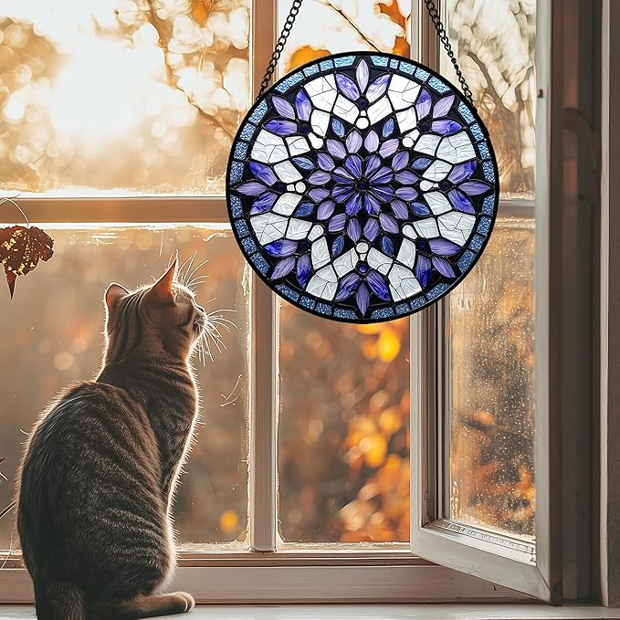 Stained Glass Window Hanging, Purple Blue Tiffany Style Flowers Sun Catcher for Window Door Home Decor Suncatcher Christmas Mother's Day Birthday Gifts for Women Men Mom Nana 7.8 in