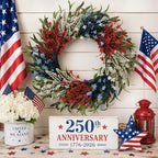 TEMPUS 24 Inch Artificial Wheat Wreath for Front Door, Handcrafted Red White Blue Patriotic Wreath with Willow Leaves, Americana Decor for Memorial Day, 4th of July, Independence Day, Summer Holiday