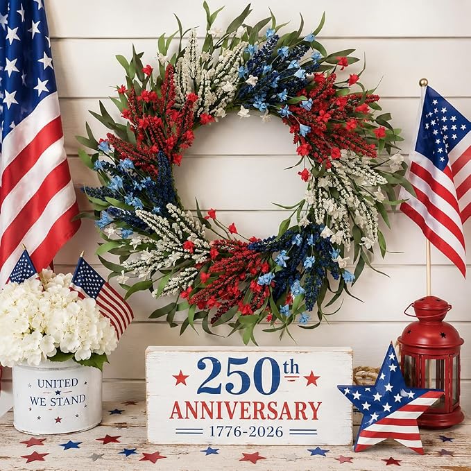 TEMPUS 24 Inch Artificial Wheat Wreath for Front Door, Handcrafted Red White Blue Patriotic Wreath with Willow Leaves, Americana Decor for Memorial Day, 4th of July, Independence Day, Summer Holiday