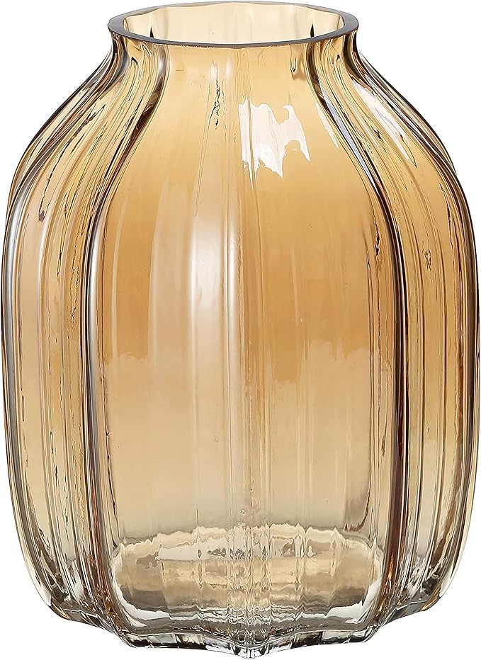 Large Amber Glass Vase for Flowers Ribbed Tall Gold Floor Vase 8.0" Decorative Vases for Home Table Centerpieces Flowers Decor and Farmhouse(Brown 8.0in)
