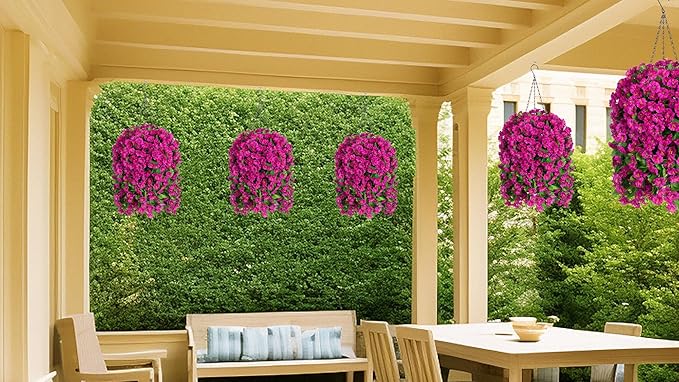 Artificial Faux Hanging Flowers Basket for Spring Summer Outdoor Porch Decoration, Fake Silk Colorful Morning Glory Eucalyptus in Planter UV Resistant for Home Balcony Yard(Red Purple)