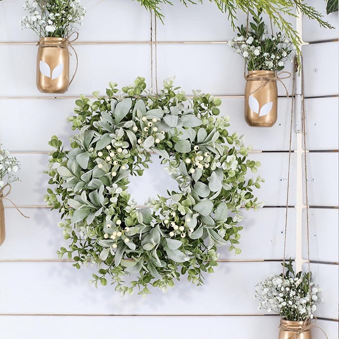 26 Inch Large Lambs Ear Wreaths for Front Door Spring Summer Lambs Leaves with White Berries, Artificial Greenery for Farmhouse Porch Wall Living Room Home Wedding Decor for All Seasons Wreaths