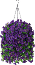 Artificial Faux Hanging Flowers Basket for Spring Summer Outdoor Porch Decor, Fake Silk Colorful Morning Glory Eucalyptus in Planter UV Resistant Look Real for Home Balcony Yard(Dark Purple)