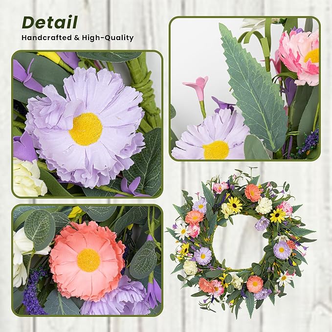 VioletEverGarden Artificial Spring Wreath 20” Purple Yellow White and Pink Flower Wreaths Summer Door Wreath for Home Party Festival Wedding Decor