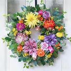 24 Inch Spring Summer Wreaths for Front Door Outside, Luxury Colorful Seasonal Floral Wreath with Chrysanthemums Roses Tulips & Berries, Faux Spring Summer Door Wreath for Outdoor Home Decor