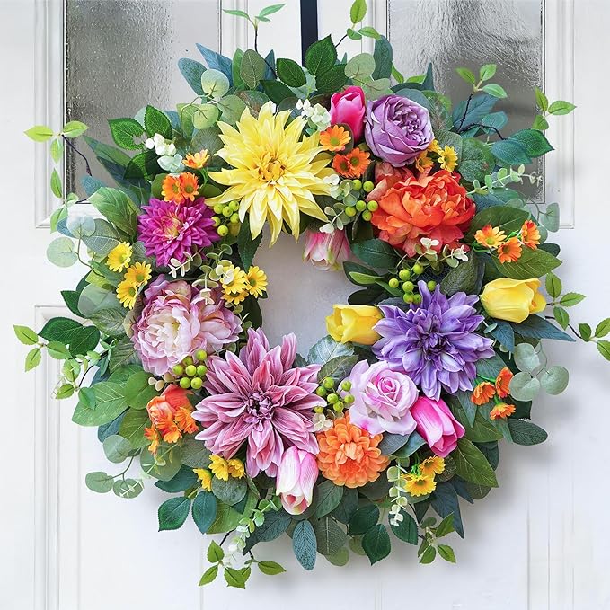 24 Inch Spring Summer Wreaths for Front Door Outside, Luxury Colorful Seasonal Floral Wreath with Chrysanthemums Roses Tulips & Berries, Faux Spring Summer Door Wreath for Outdoor Home Decor